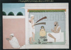 Rajah Bulwant Singh framför Puja, ca 1750 (bläck & färgad tvätt på papper) av Indian School
