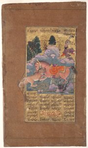 Rakhsh slåss mot lejonet för att skydda Rustam, ca 1610 (ogenomskinlig wc & guld på papper) av Indian School