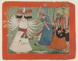 Ravana utmanar Ramas armé, ca 1750 (ogenomskinlig akvarell på papper) av Indian School