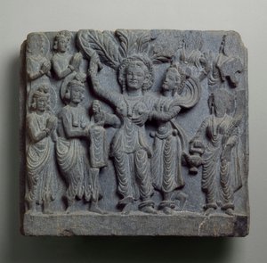 Relief som visar Buddhas födelse, Gandhara, förmodligen Sikri, 2:a-3:e århundradet (skifer) av Indian School