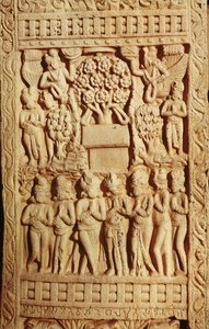 Relief som visar tillbedjan av Buddha representerad av ett träd, sena mauryanperioden, Sunga-dynastin (180-72 f.Kr.) av Indian School