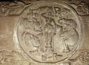 Relief som visar drömmen om Maya, från en buddhistisk stupa från Bharhut, Madhya Pradesh, sena Mauryan-perioden, Sunga-dynastin (180-72 f.Kr.)