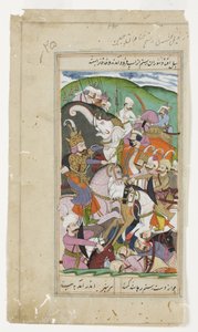 Rustam lasser Khaqan från Kina och drar honom från sin vita elefant, ca 1790 (ogenomskinlig akvarell och guld) av Indian School