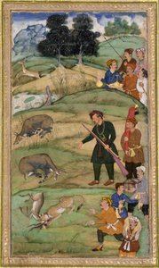 Salim håller sitt gevär och gör en gest mot en död nilgai, ca 1600 (ogenomskinlig wc & guld på papper) av Indian School
