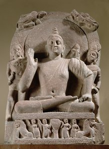 Sittande Bodhisattva, Mathura (röd sandsten) av Indian School