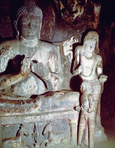 Sittande Buddha gör den första undervisningsgesten, från Caitya Hall of Cave 10 av Indian School