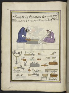 Skomakare och hans fru gör en toffel,  86 teckningar inbundna i en volym som visar yrken och yrken i Kashmir, hantverkare visas i arbete med sina redskap och utrustning,  Av en Kashmir-konstnär, troligen i Srinagar, ca 1850-60 (gouache på pappa) av Indian School