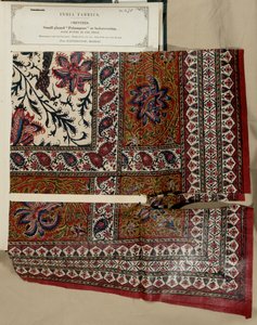 Litet glaserat palampore eller sängöverdragsprov från Masulipatam i Madras, från The Collection of the Textile Manufacturers of India, av John Forbes Watson, publicerad 1866 av Indian School