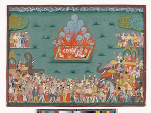 The Sati of Ramabai, fru till Madhavrao Peshwa, ca 1772-75 (akvarell & guld på papper) av Indian School