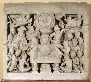 Dyrkan av de buddhistiska symbolerna, Amaravati (kalksten) av Indian School