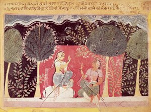 Två prinsar i en trädgård, från Gita Govinda av Indian School