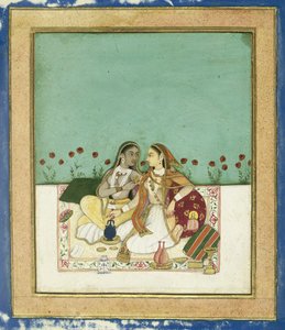 Två kvinnor på en terrass, efter 1700 (ogenomskinlig wc och guld på papper) av Indian School