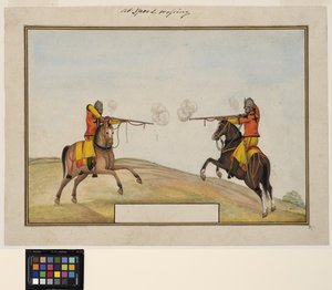 Två beridna soldater utbyter geväreld, ca 1830 (ogenomskinlig akvarell och guld på papper) av Indian School
