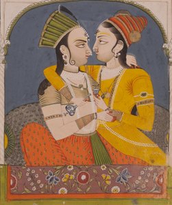 Två drottningar som delar en drink, från Lovers embrace in an alkove, c.1780 (ogenomskinlig wc & guld på papper) av Indian School