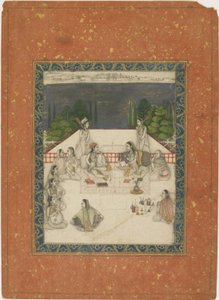 Två kvinnor sittande på en terrass, omgivna av skötare och musiker, ca 1650 (ogenomskinlig wc & guld på papper) av Indian School