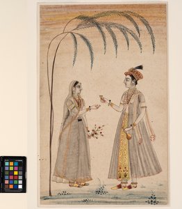Två kvinnor under ett träd, ca 1750 (ogenomskinlig akvarell och guld på papper) av Indian School