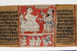 Vimalaprava samtalar med Raji och Lakshmi, ca 1300 (ogenomskinlig wc på palmblad) av Indian School