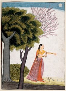 Vipralabdha nayika, ca 1770 (ogenomskinlig wc & guld på papper) av Indian School