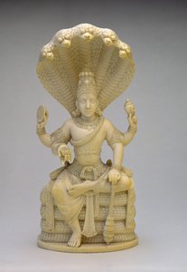 Vishnu, sittande på ormen Sesha, med ett skal, musblomma, skiva och lotusblomma av Indian School