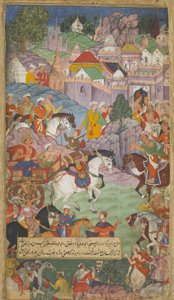 Vol.1 fol.20 Dasaratha ger sig ut mot Angada för att bjuda in Rsyasrnga till sin boning (ogenomskinlig wc, bläck och guld på papper) av Indian School
