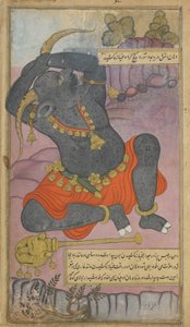 Vol.2 fol.208 Kumbhakarna gäspar när han väcks ur sömnen (ogenomskinlig akvarell, bläck och guld på papper) av Indian School