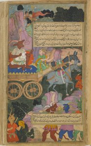 Vol.2 fol.216 Kumbhakarna går in i striden på sin vagn (ogenomskinlig akvarell, bläck och guld på papper) av Indian School