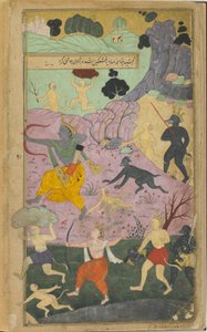 Vol.2 fol.237 Rama och Laksmana går med i attacken mot Lanka (ogenomskinlig akvarell, bläck och guld på papper) av Indian School