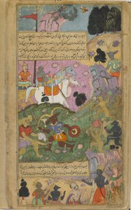 Vol.2 fol.253 Vibhisana uppmanar aporna att fullborda sin seger över raksasas genom att döda Indrajita och hans styrkor (ogenomskinlig akvarell, bläck och guld på papper) av Indian School