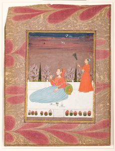 Kvinna sittande på en terrass med en skötare med en chauri, ca 1735 (ogenomskinlig wc & guld på papper) av Indian School