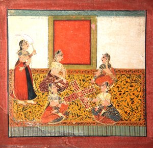 Kvinnor som spelar Parcheesi, sittande på ett gulmönstrat golvuppslag, ca 1725 (ogenomskinlig wc & guld på papper) av Indian School