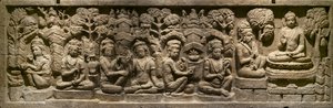 Arada Kalama levererar sin undervisning till den framtida Buddha. Indonesien, Java, Boroduru. Slutet av 1800-talet