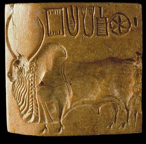 Zebu Bull Seal med Indus-skrift hittades i Mohenjo Daro, Indus Valley, 3:e årtusendet f.Kr. av Indus Valley Civilisation.