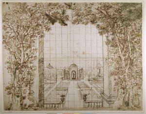 En trädgård och furstlig villa (penna och bläck på papper)