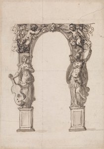 Design för en tillfällig båge prydd med Putti och allegoriska figurer av musik och krig av Inigo Jones