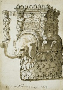 Design för en elefanttävling (penna och bläck på papper) av Inigo Jones