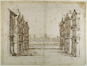Engelska hus med London och Themsen långt borta (penna och bläck på papper) av Inigo Jones