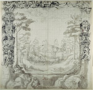 Proscenium och jaktscen (penna och bläck på papper) av Inigo Jones