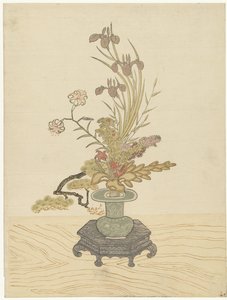 Ikebana blomsterarrangemang i grön vas av Ippitsusai Bunchô (manner of)