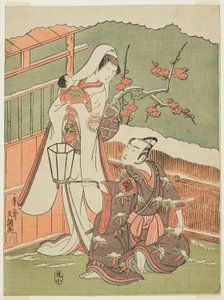 Skådespelarna Arashi Sangorô II som Minamoto no Yoritomo och Segawa Kikunojô II som Snow Woman i "Cotton Wadding of Izu Protecting the Matrimonial Chrysanthemums" ("Myôto-giku Izu no Kisewata") av Ippitsusai Bunchō