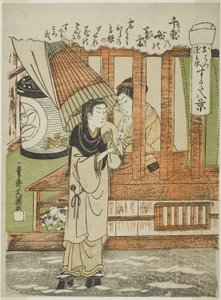Chizuka no Fumi no Bosetsu (Kvällssnön med tusen buntar kärleksbrev), de älskande Ohatsu och Tokubei, från serien "Sugata Hakkei (Åtta vyer av älskande)", ca 1772 (träsnitt i färg; chuban) av Ippitsusai Bunchō