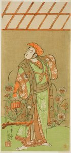 Skådespelaren Ichikawa Komazo II som Soga no Juro Sukenari förklädd till en rävfångare i pjäsen Kagami-ga-ike Omokage Soga, framförd på Nakamura Theatre under den första månaden, 1770 av Ippitsusai Bunchō