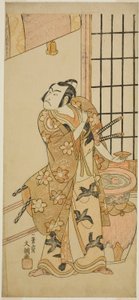 Skådespelaren Sawamura Sojuro II som Kudo Suketsune (?) i pjäsen Edo no Hana Wakayagi Soga (?), framförd på Ichimura-teatern (?) under andra månaden, 1769 (?) av Ippitsusai Bunchō