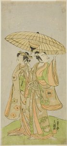Skådespelarna Ichikawa Komazo II som Chunagon Yukihira (höger) och Iwai Hanshiro IV som Murasame (vänster), i pjäsen Kuni no Hana Ono no Itsumoji, framförd på Nakamura Theatre i den elfte månaden, 1771 av Ippitsusai Bunchō