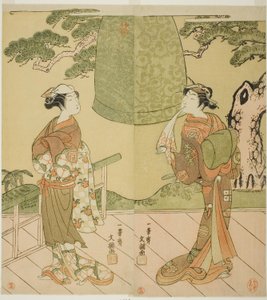 Skådespelarna Ichimura Uzaemon IX som Shume no Hangan Morihisa (höger) och Sanogawa Ichimatsu II som Chujo (vänster), i pjäsen Edo no Hana Wakayagi Soga, framförd på Ichimura Theatre i den andra månaden, 1769 av Ippitsusai Bunchō