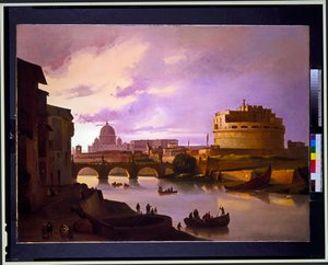 Par: Utsikt över Castel Sant Angelo från Tibern med St Peters i bakgrunden, utsikt över Coliseum av Ippolito Caffi