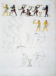 Militära scener, soldater med bågar och pilar, från Beni Hasans gravar, tavla CXVIII, från monument i Egypten och Nubien: civila monument av Ippolito Rosellini