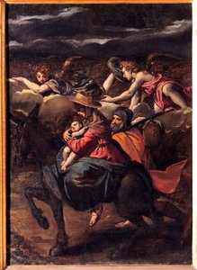 La fuite en Egypte - Flygningen till Egypten - Målning av Ippolito Scarsellino (Scarsella) (1551-1620), Olja på duk 1585 (101x73 cm) - Musei Capitolini, Rom av Ippolito Scarcella