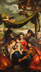 Madonnan och barnet med de heliga Maria Magdalena, Peter, Clare och Franciskus och ett porträtt av abbedissan