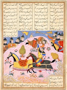 Malik lyfter Abul Mihjan från sadeln. Från Khavarannama The Book of the East of ibn Husam al-D av Iranian Master