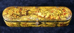 En pennask av papier mache, toppen målad med slaget vid Chaldiran av Iranian School
